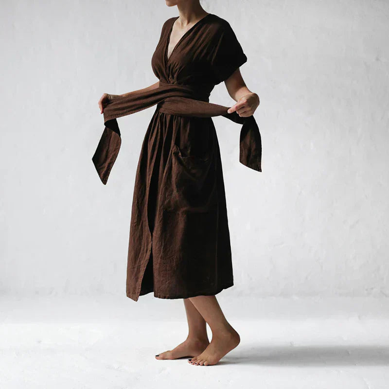 Vestido de lino para mujeres de Savannah - Vestido de billetera de manga corta con corte elegante y relajado