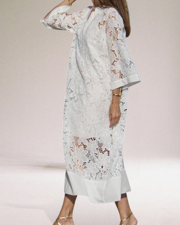 Jennylyn Robe Maxi Femme – Robe Longue en Dentelle Aérée, Style Bohème Estival & Confort Respirant