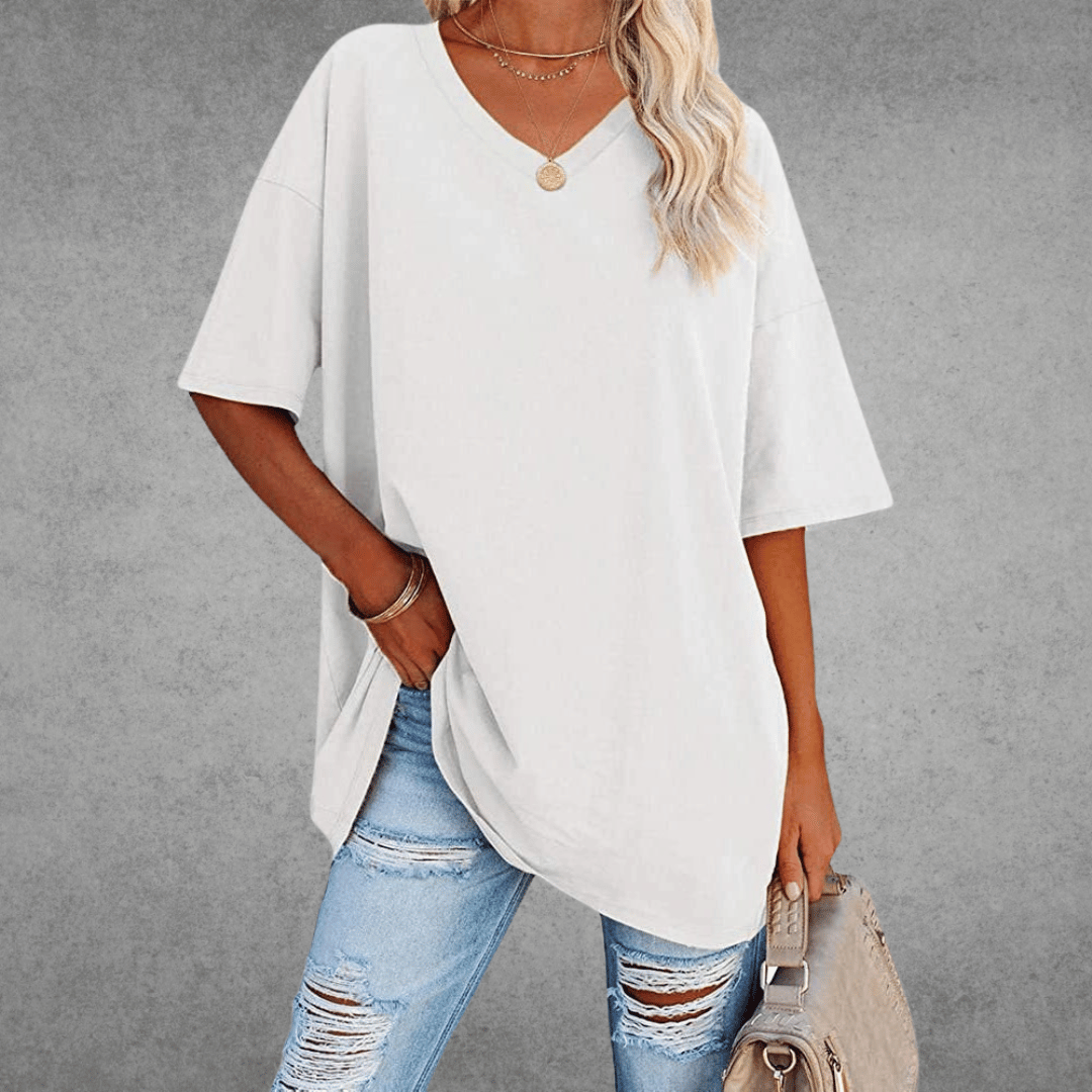 Ninon T-shirt Oversize Femme – Design confortable à col en V & tissu léger et respirant