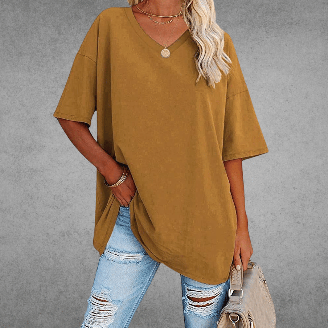 Ninon T-shirt Oversize Femme – Design confortable à col en V & tissu léger et respirant