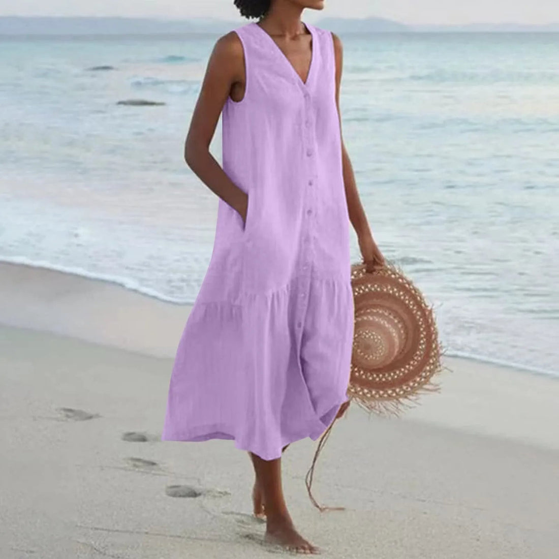 Robe d’Été Femme Lena – Élégante Robe à Col en V avec Coupe Aérée & Design Intemporel