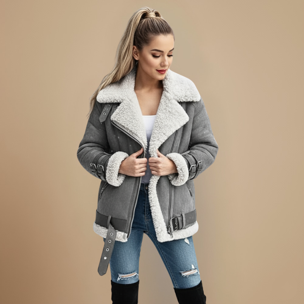 Jolai Veste Femme Style Biker – Manteau Chaud en Laine Mélangée à Coupe Confortable