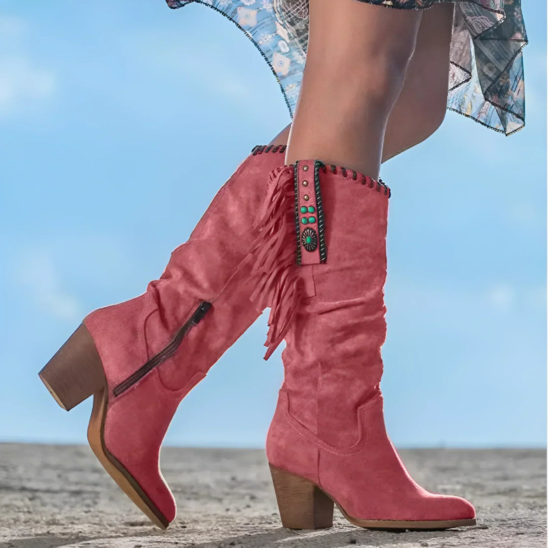 Nathalie Bottes Femme – Bottes de Cowboy en Cuir Véritable avec Franges & Talon Épais