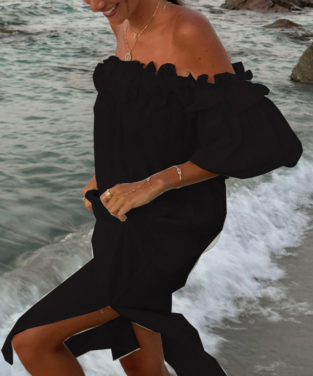 Valentina Robe Maxi Femme – Robe Boho Épaules Dénudées en Coton avec Volants & Encolure Bardot