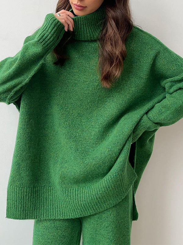 Aria Ensemble Loungewear Dame – Sæt Blødt Strik med Høj Hals & Vide Bukser