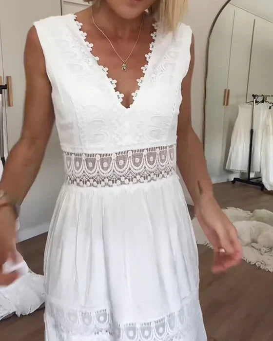 Benelyn Robe Maxi Femme – Robe Boho Blanche en Coton Léger avec Détails en Dentelle Délicate
