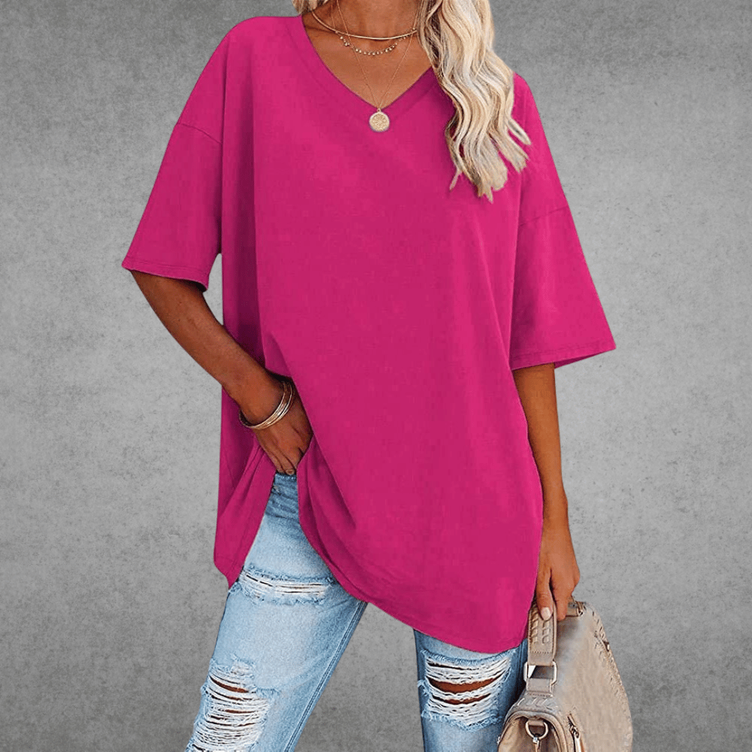 Ninon T-shirt Oversize Femme – Design confortable à col en V & tissu léger et respirant