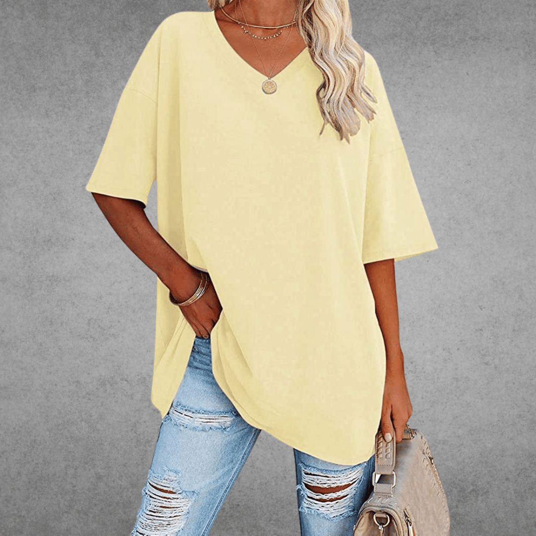 Ninon T-shirt Oversize Femme – Design confortable à col en V & tissu léger et respirant