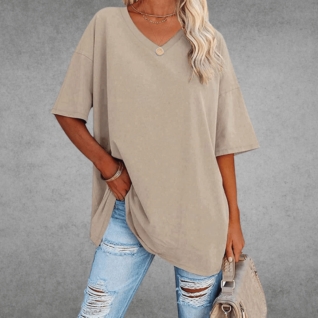 Ninon T-shirt Oversize Femme – Design confortable à col en V & tissu léger et respirant