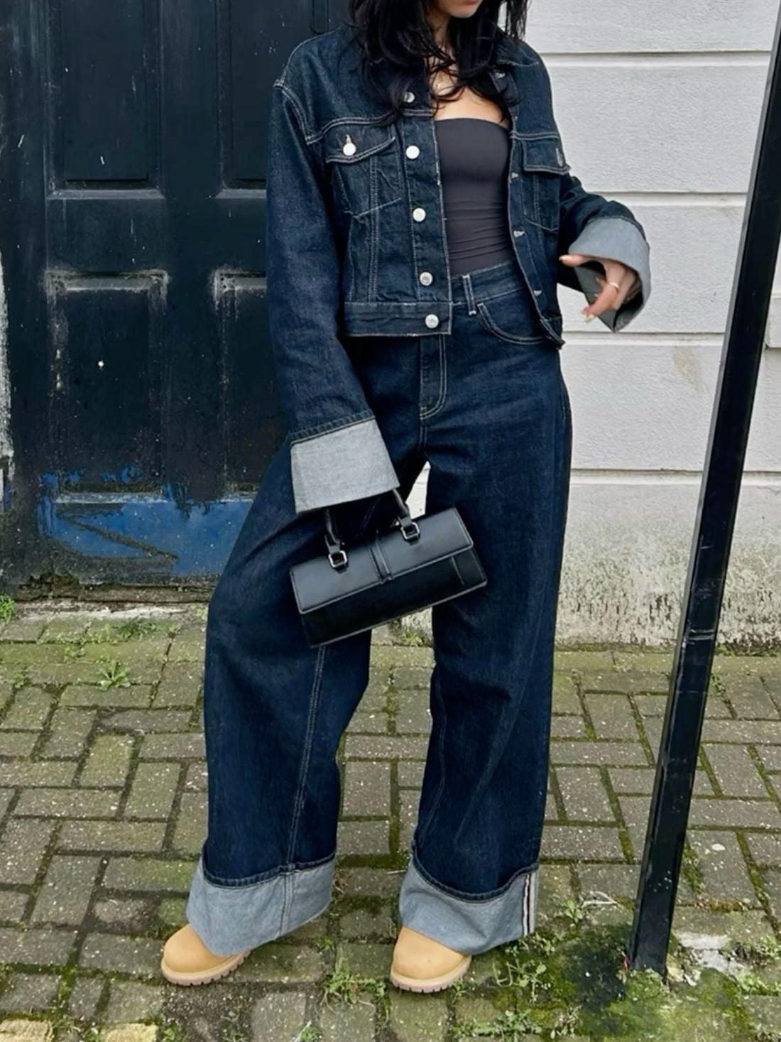 Bea Ensemble Denim Femme – Veste Courte & Jean Large à Revers Contrastés pour un Look Tendance