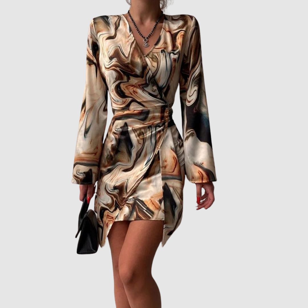 Jena Robe Portefeuille Femme – Imprimé Texte, Décolleté en V, Manches Longues Élégantes
