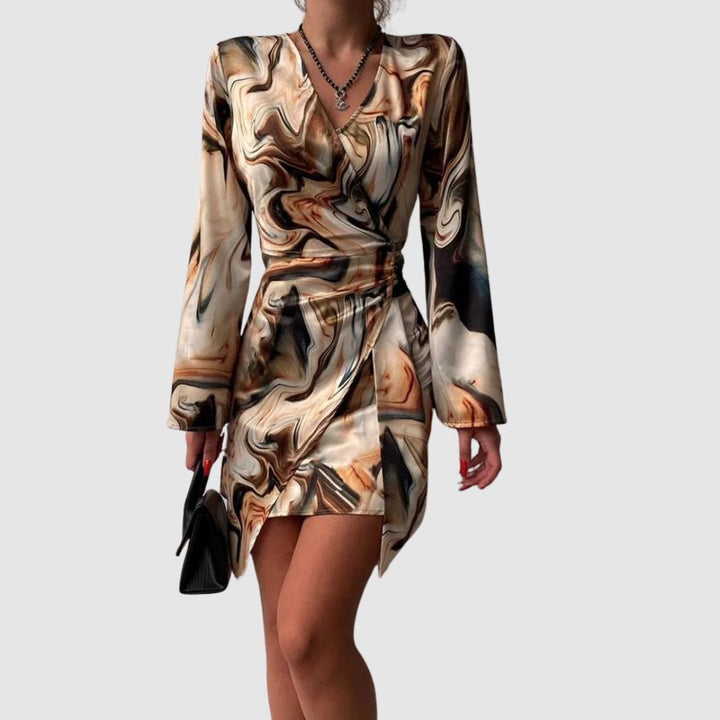 Jena Robe Portefeuille Femme – Imprimé Texte, Décolleté en V, Manches Longues Élégantes