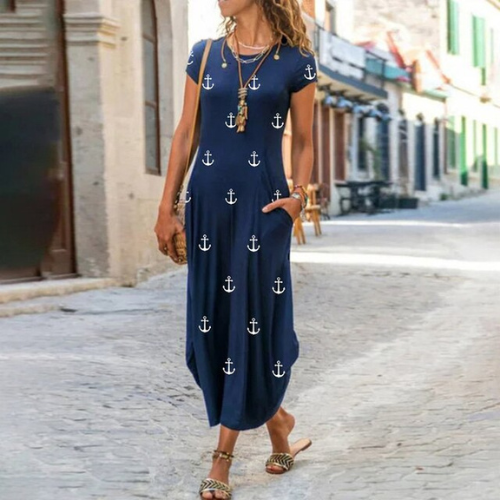 Caroline Robe Maxi Femme – Coton & Lin, Coupe Fluide et Motif Intemporel