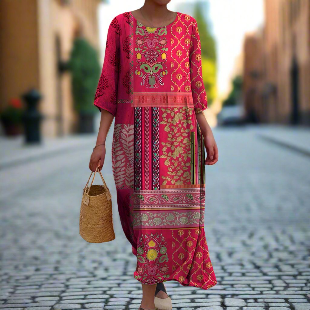 Daniella Maxi Women's Dress - Stampa bohémien etnica rossa, cotone aereo e fluido