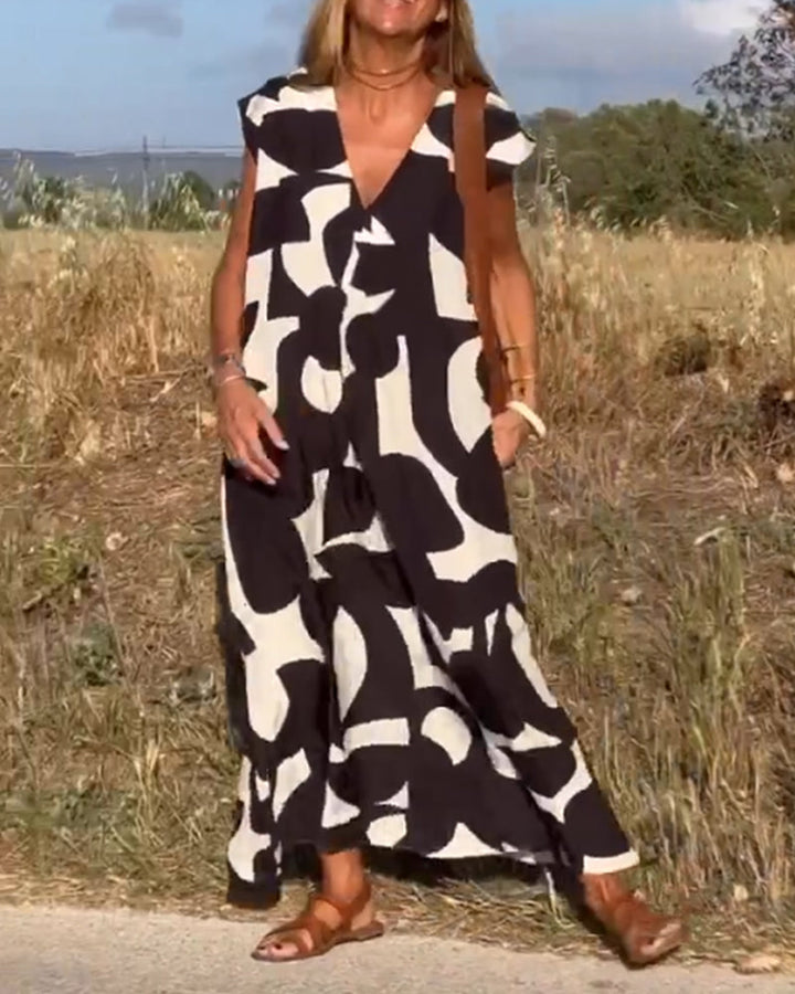 Sita Robe Ample Femme – Imprimé Abstrait Noir & Blanc avec Décolleté en V Profond