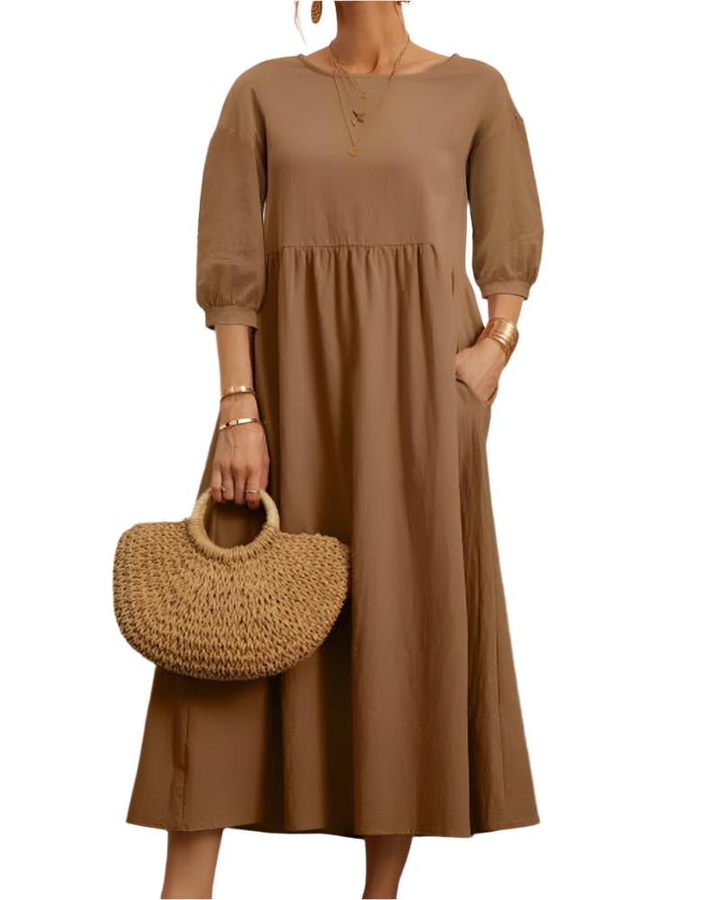 Flore Robe Midi Femme – Coton Lin Respirant, Col Rond, Manches Lanternes, Confort Estival