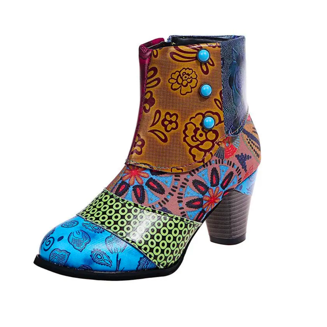 Botas de lluvia para mujeres Lauren - botas retro impermeables con tacón alto y patrón étnico para otoño