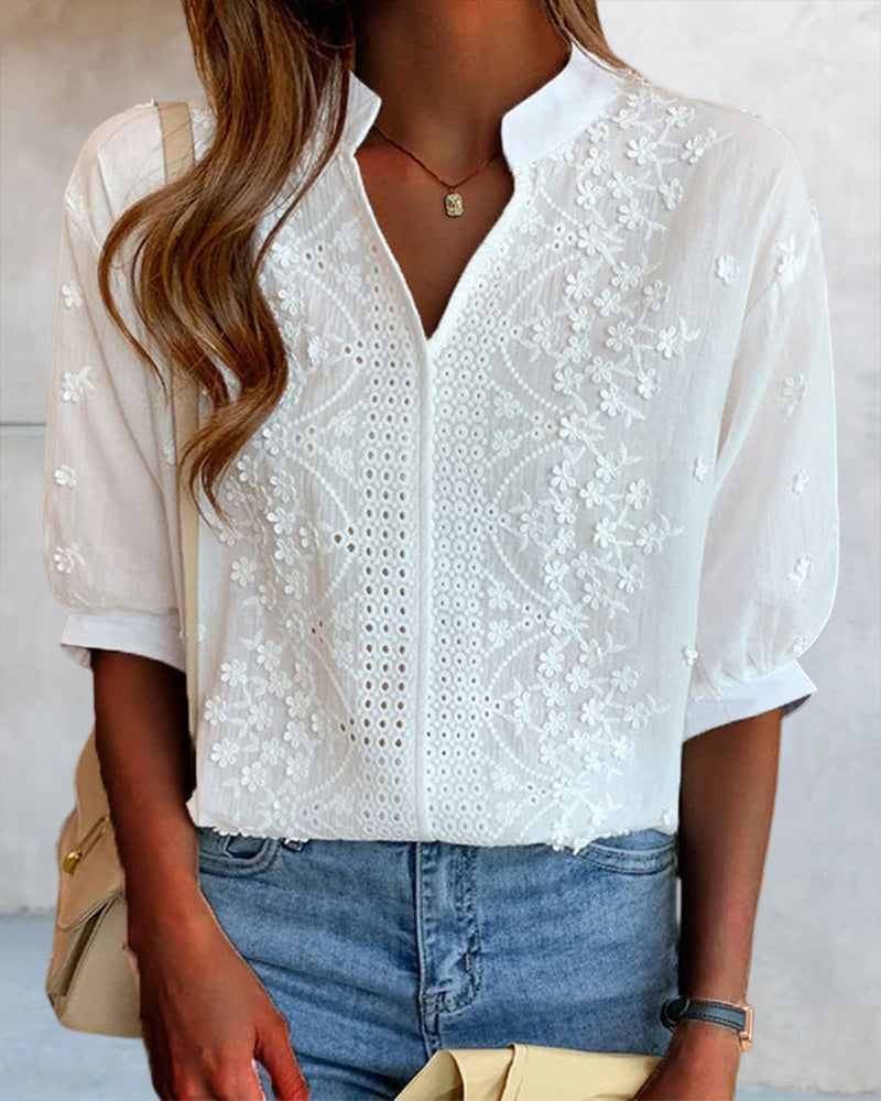 Blouse Femme Amélie – Haut à Col en V avec Manches Bouffantes, Coton Mélangé & Détails Patchwork