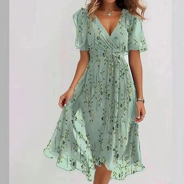 Vestido del mediodía de Emily Women - Vestido de tela ligera con estampado floral, V y escote de la cintura curva