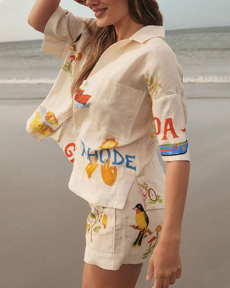 Set de lino para mujeres Stella: verano coordinado con estampado tropical, camisa ligera y pantalones cortos cómodos