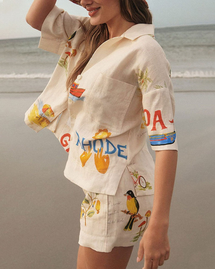 Stella Ensemble en Lin Femme – Coordonné Estival avec Imprimé Tropical, Chemise Légère & Short Confortable