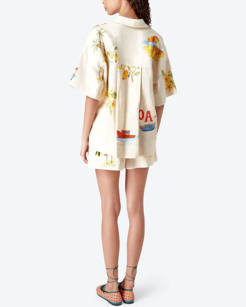Stella Ensemble en Lin Femme – Coordonné Estival avec Imprimé Tropical, Chemise Légère & Short Confortable