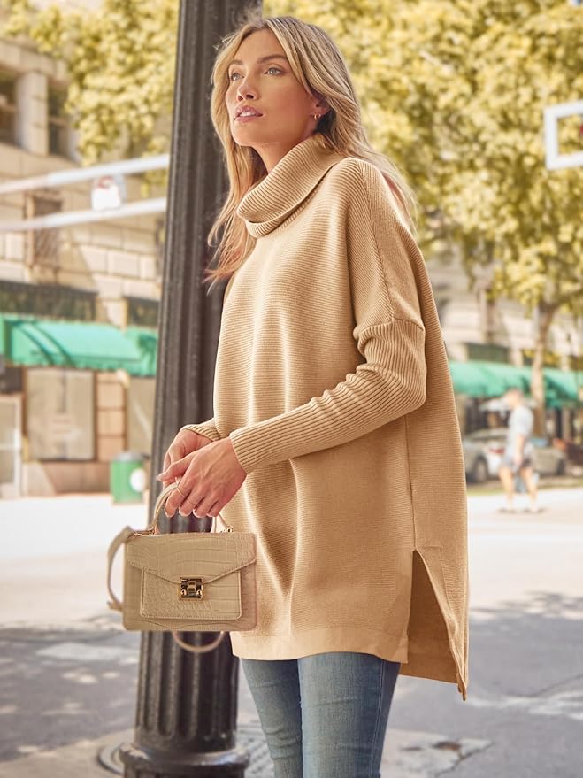 Ava Sweter Długi Damski Golf Oversize – Ciepły Prążkowany Sweter-Tunika w Eleganckim Stylu