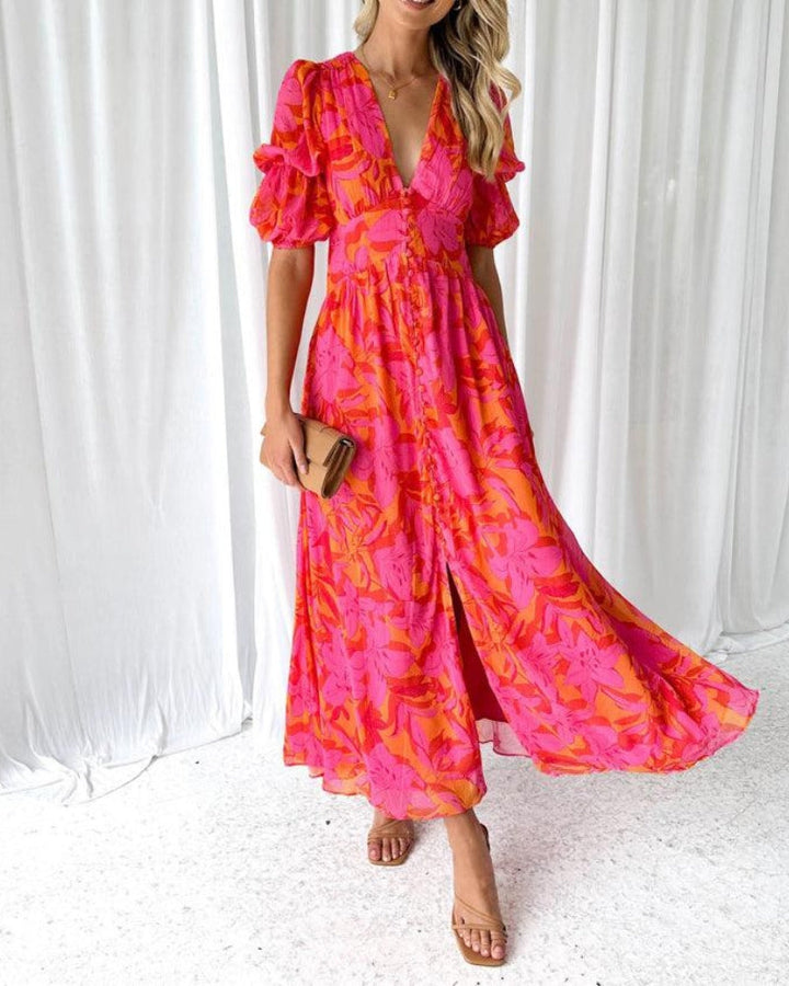 Dorothy Robe Classique Femme – Encolure en V & Manches Bouffantes en Rouge Rose Élégant