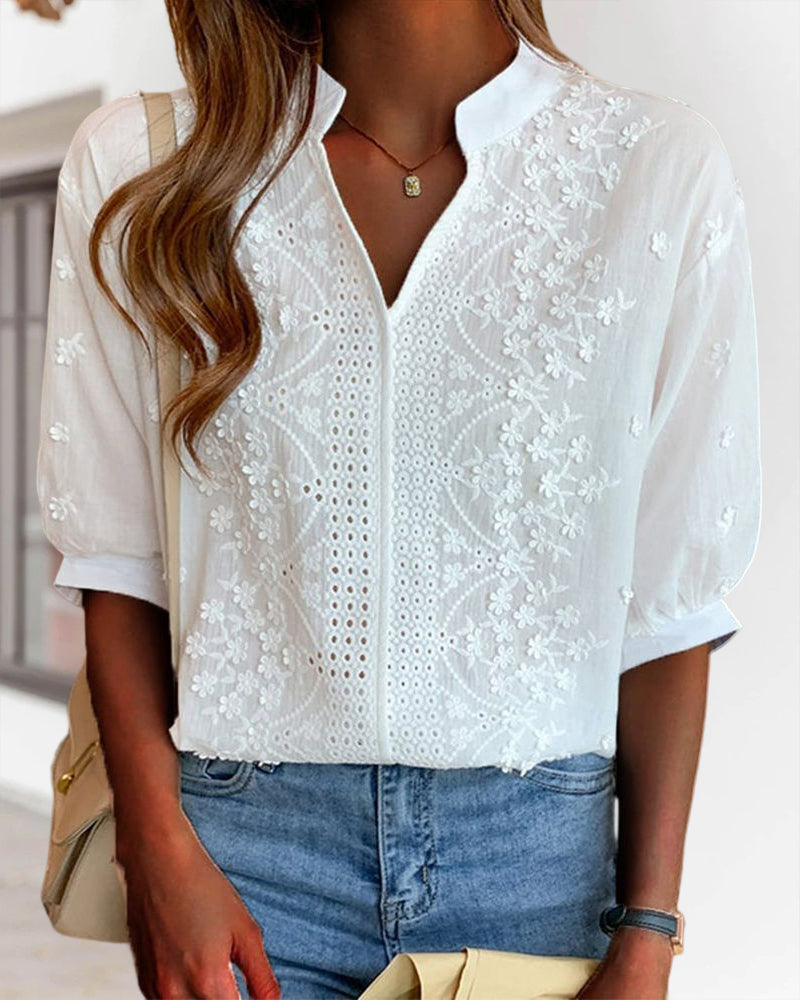 Blouse Femme Amélie – Haut à Col en V avec Manches Bouffantes, Coton Mélangé & Détails Patchwork