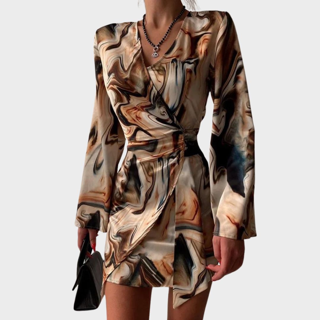 Jena Robe Portefeuille Femme – Imprimé Texte, Décolleté en V, Manches Longues Élégantes