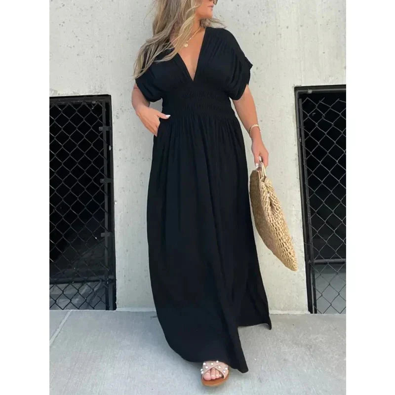 Trina Robe Longue Col V – Élégante Robe Maxi Léger pour Été & Vacances Femme