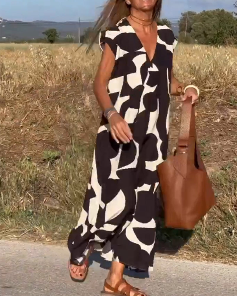 Abito sciolto da donna Sita - Stampa astratta in bianco e nero con scollo a V profondo