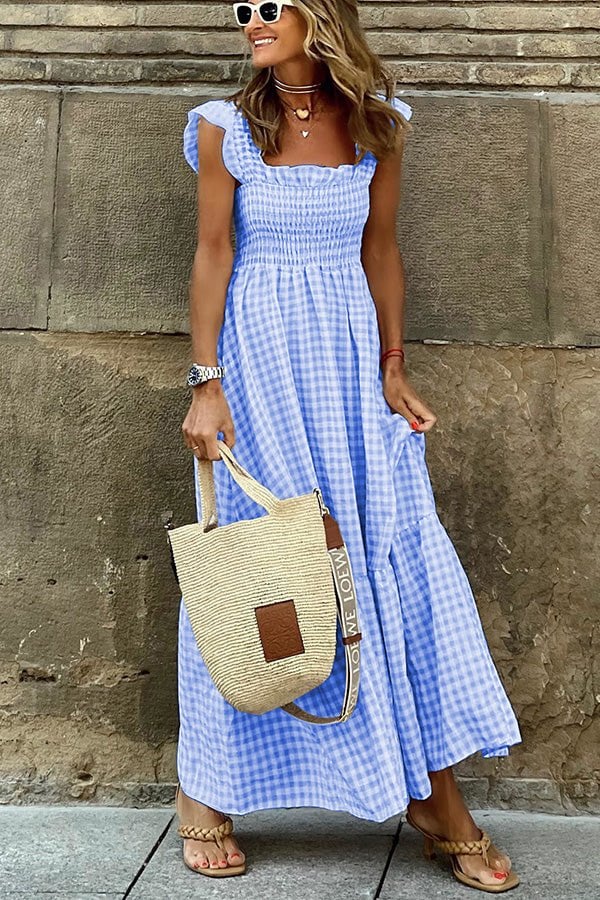 Rosie Robe Longue Femme – Élégante Robe à Carreaux pour le Travail & le Week-End