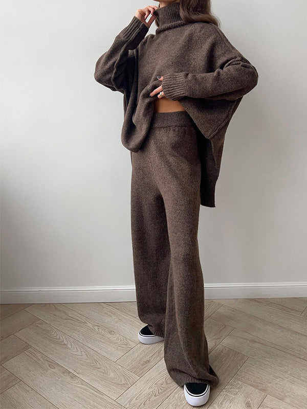 Aria Ensemble Loungewear Dame – Sæt Blødt Strik med Høj Hals & Vide Bukser