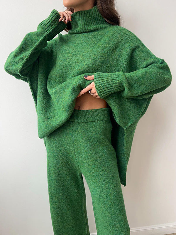 Aria Ensemble Loungewear Dame – Sæt Blødt Strik med Høj Hals & Vide Bukser