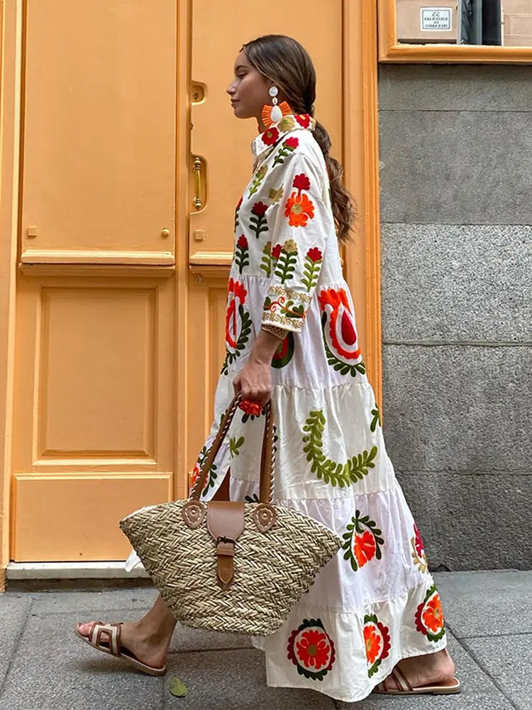Celia Robe Maxi Femme – Longue Robe en Coton avec Broderies Bohèmes & Détails Colorés