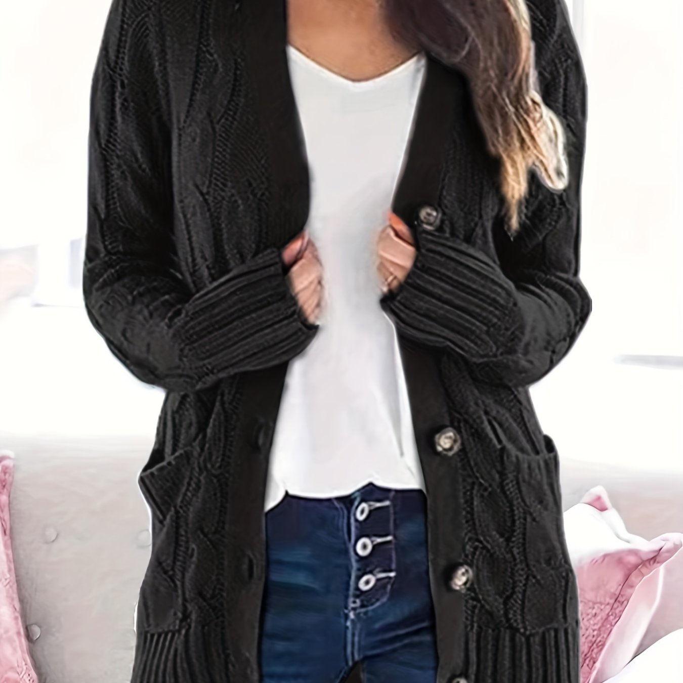 Lissy Gilet Femme – Cardigan varm med kabelstrik, knapper og moderne komfortabel pasform
