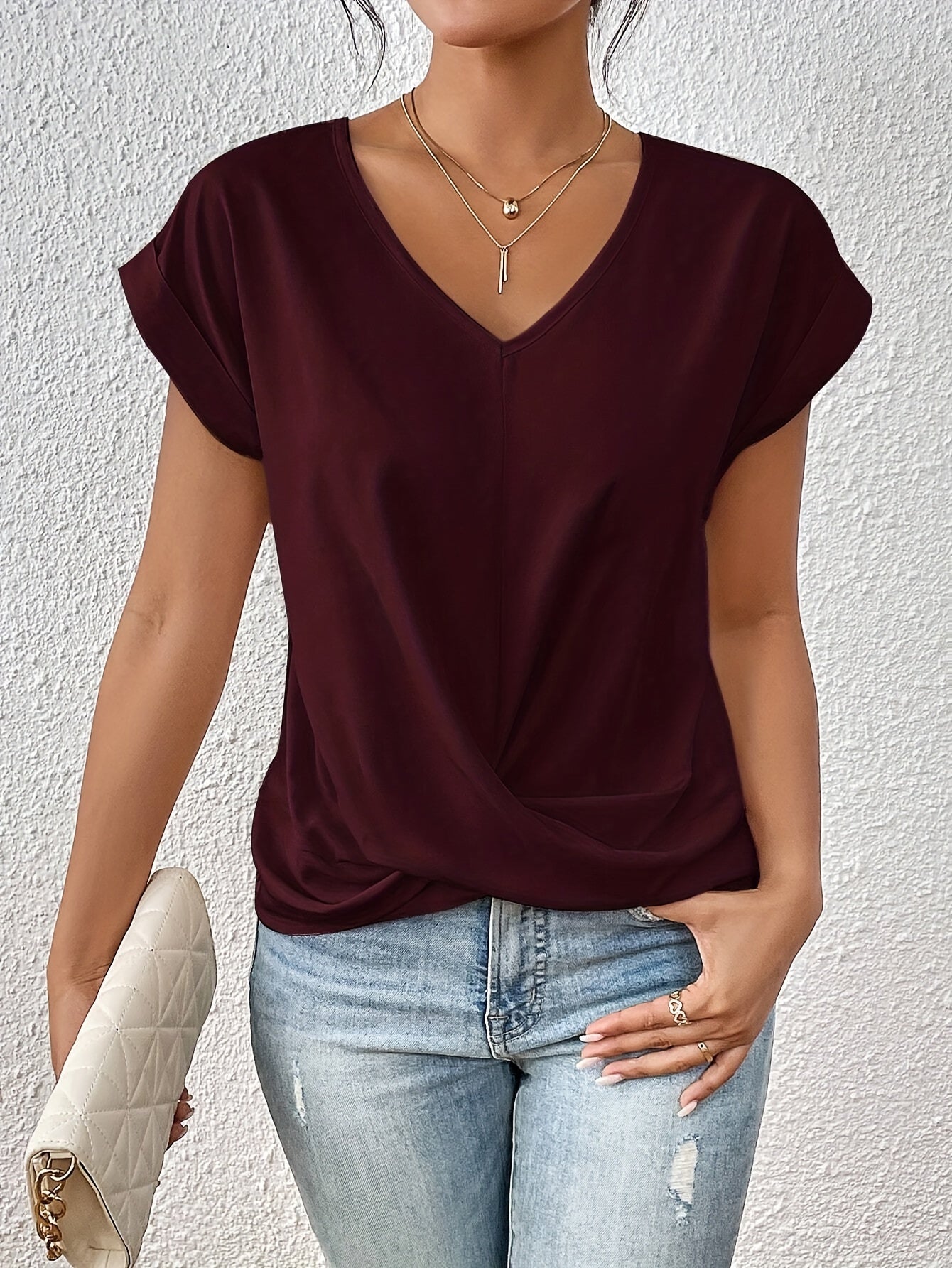 Yasmine Top Femme – Col en V avec Détail Nœud, Drapé Élégant & Coupe Confortable