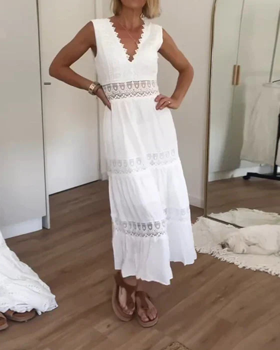 Benelyn Robe Maxi Femme – Robe Boho Blanche en Coton Léger avec Détails en Dentelle Délicate