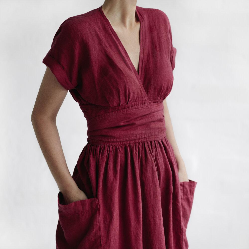 Vestido de lino para mujeres de Savannah - Vestido de billetera de manga corta con corte elegante y relajado