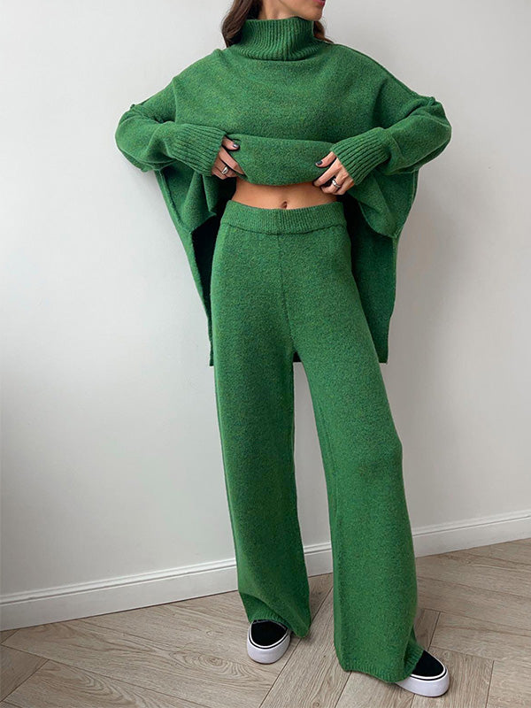 Aria Ensemble Loungewear Dame – Sæt Blødt Strik med Høj Hals & Vide Bukser