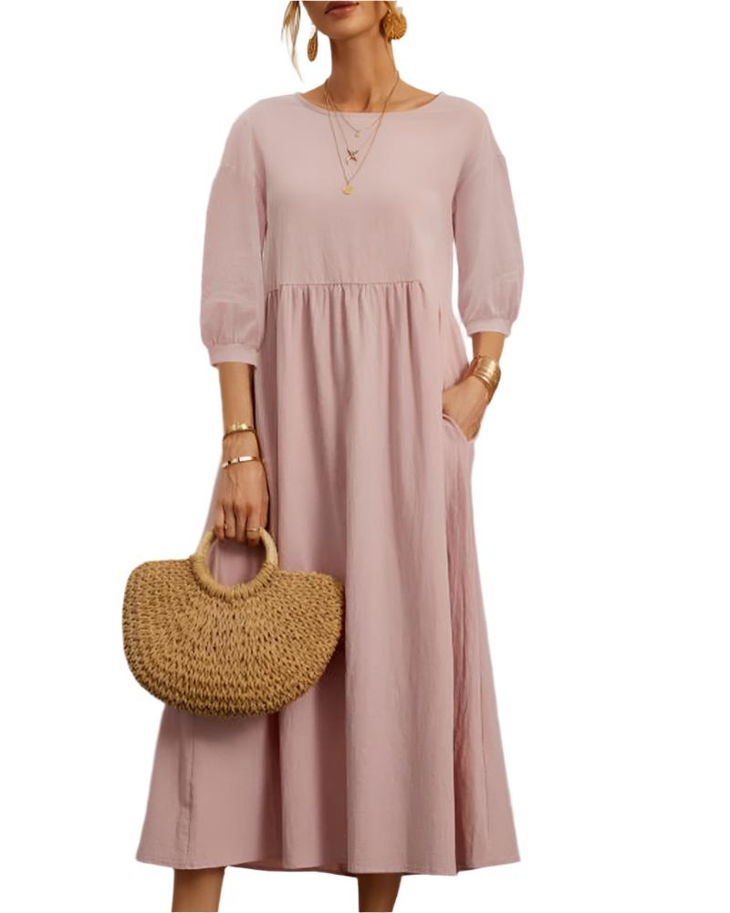 Flore Robe Midi Femme – Coton Lin Respirant, Col Rond, Manches Lanternes, Confort Estival