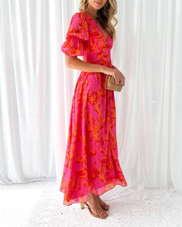 Dorothy Robe Classique Femme – Encolure en V & Manches Bouffantes en Rouge Rose Élégant