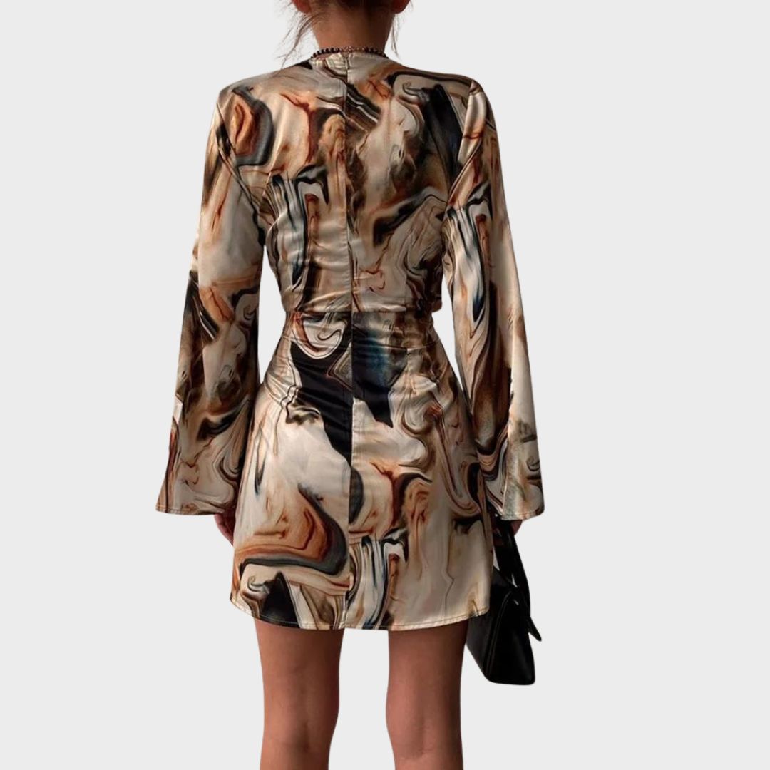 Abito portafoglio femminile di Jena - Stampa di testo, V in calo, eleganti maniche lunghe