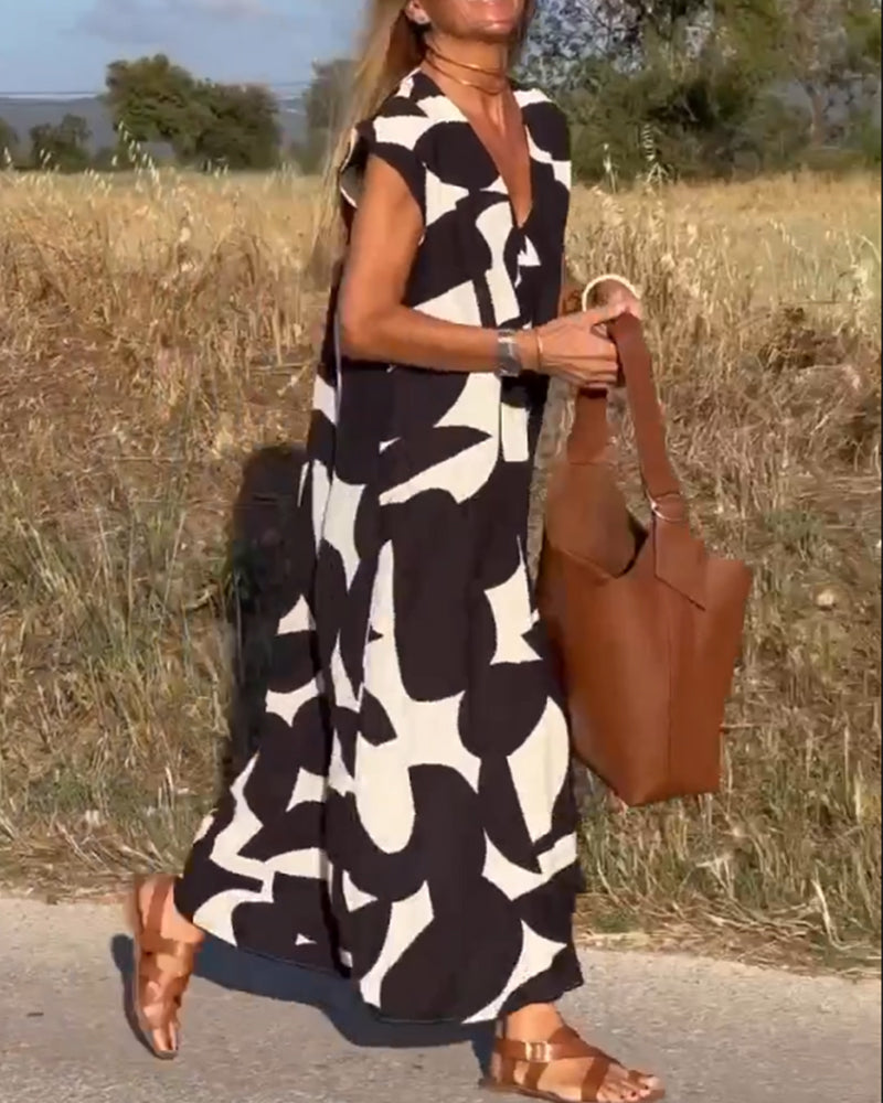 Abito sciolto da donna Sita - Stampa astratta in bianco e nero con scollo a V profondo