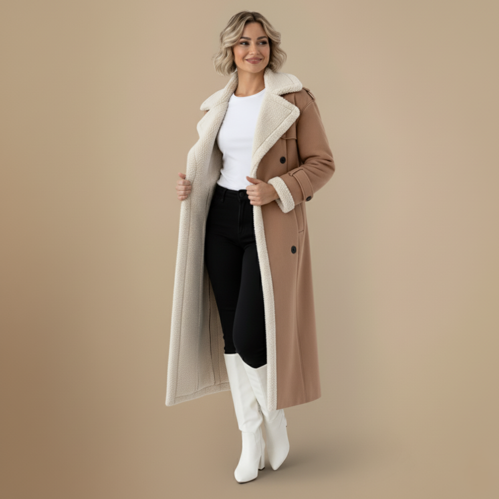 Rinna Dámský Dlouhý Kabát – Dvoubreasted Semišový Kabát s Podšitým Límcem a Elegantním Stylu