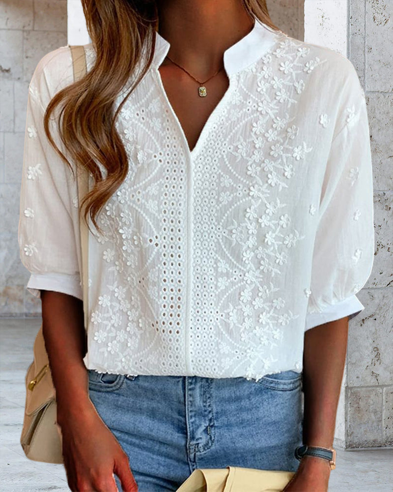 Blouse Femme Amélie – Haut à Col en V avec Manches Bouffantes, Coton Mélangé & Détails Patchwork