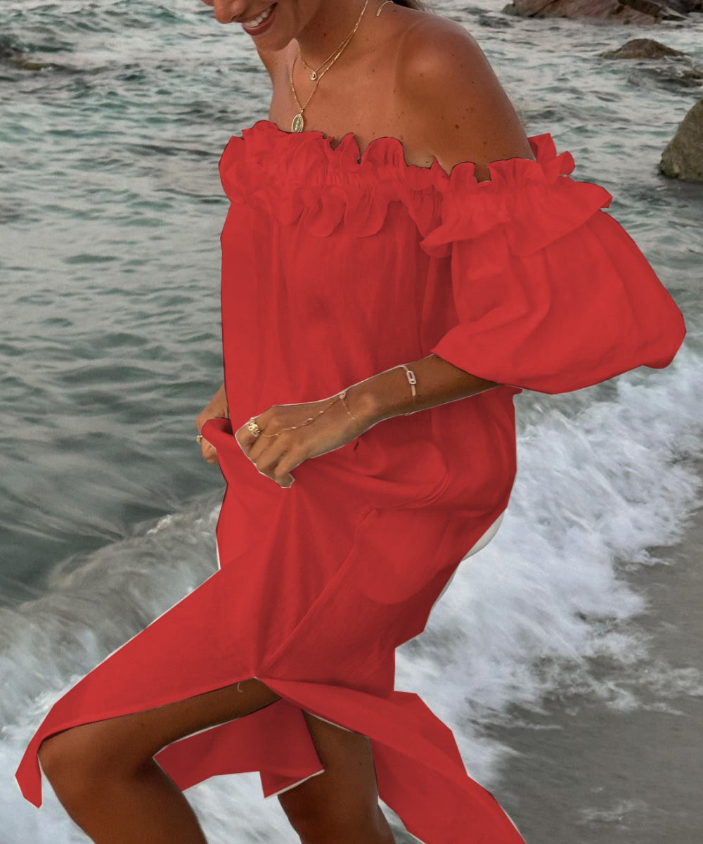Valentina Robe Maxi Femme – Robe Boho Épaules Dénudées en Coton avec Volants & Encolure Bardot