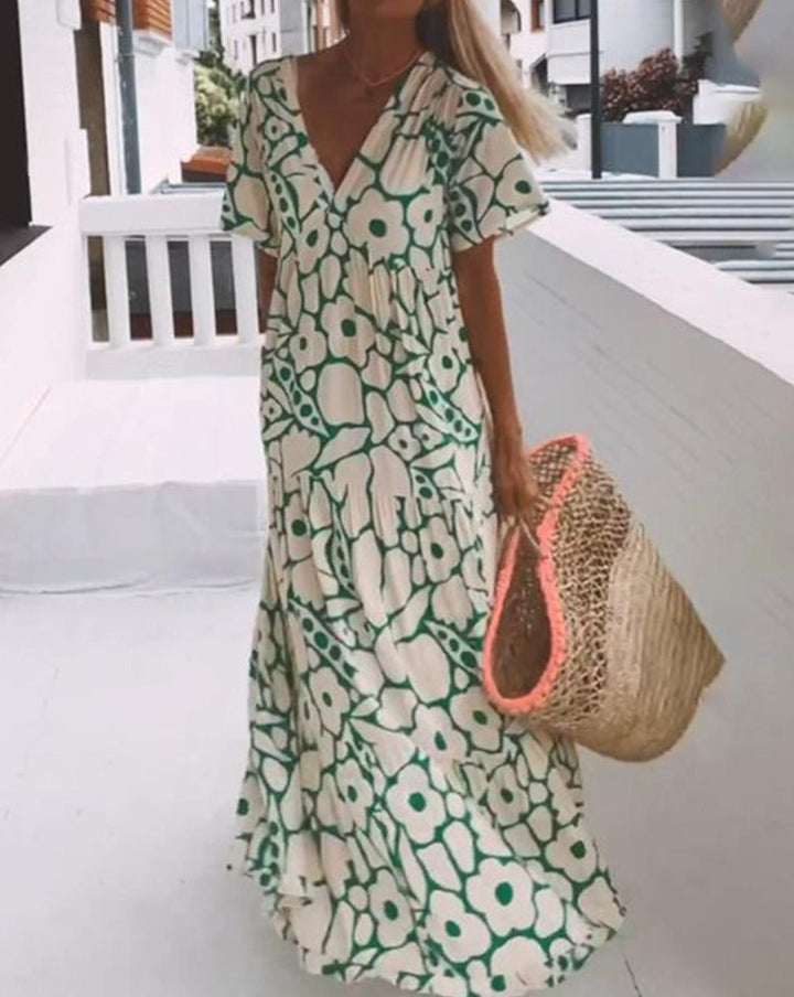 Ester Robe Longue Fleurie Femme – Manches Courtes Volantes & Imprimé Vert Crème Estival