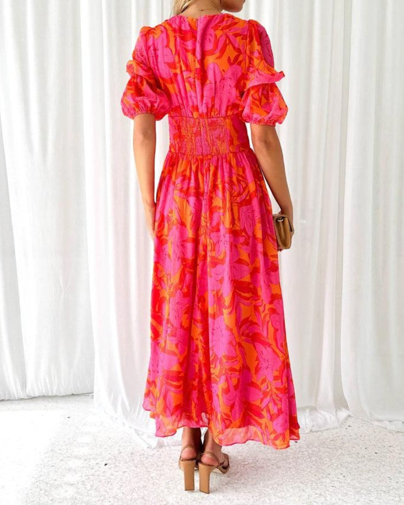 Dorothy Robe Classique Femme – Encolure en V & Manches Bouffantes en Rouge Rose Élégant